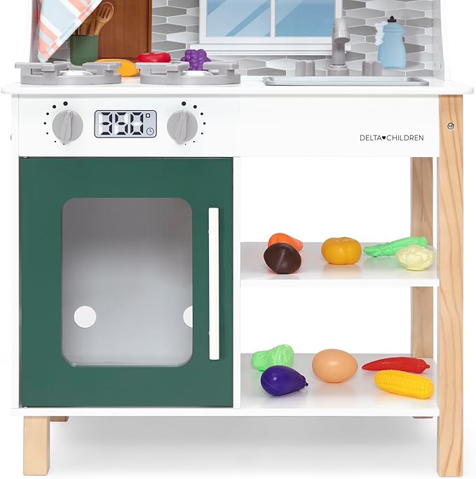 Delta Children Tiny Chef Play Kitchen - Toy Kitchen Playset with Realistic Knobs That Turn/Click, Oven, Sink, Microwave and 15 Pieces of Play Food, Green