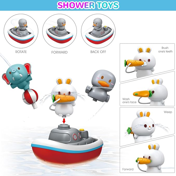 Mostop Toddler Bath Toys, Baby Bathtub Toys with Slide Track and Duck Shower Sprays, 2 Ducks, 4 Balls, 1 Boat, 3 Water Spraying Animal Toys, Fun Bathtub Toys Gift for Kids Age 4-8