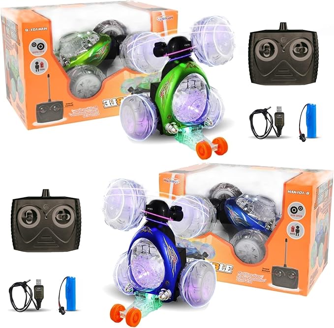 Haktoys 2-Pack Rechargeable RC Tornado Stunt Cars – Remote Control Flip Trucks with 360° Spins & Turbo Twister Action | Double-Sided Stunt Vehicles for Kids Toddlers Boys & Girls (Green & Blue)