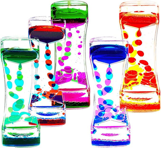FKYTION Liquid Motion Bubbler Timer Pack of 5 Colorful Hourglass Liquid Bubbler Sensory Anxiety Toys Autism ADHD Fidget Toys Children Activity Calm Relaxing Desk Toys for Kid's Teenager Adults