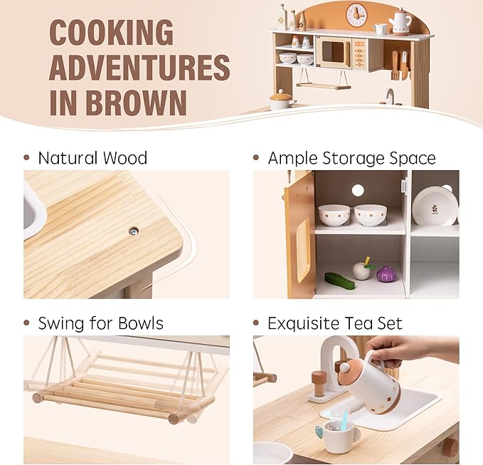 ROBUD Wooden Play Kitchen for Kids Toddlers, Kids Kitchen Playset with Realistic Accessories, Toy Kitchen Set with Plenty of Play Features, Modern Style Toy Kitchen for Girls & Boys, 3+, Caramel