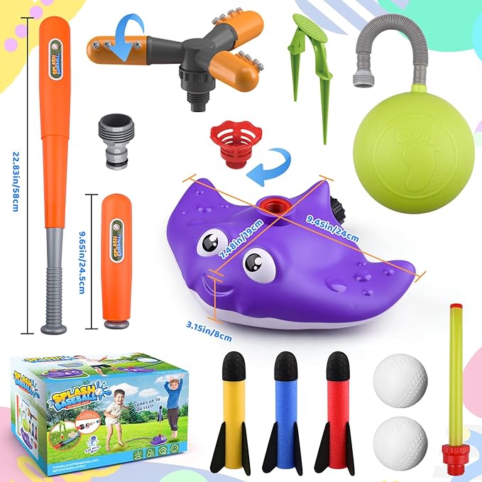 3 in 1 Water Baseball Summer Toys Sprinkler for Kids, Toddler Outdoor Toys Sprinklers for Yard with 2 Sprinkler Heads, 360° Roating Water Toys Attache to Garden Hose Backyard Pool Party Outdoor Games