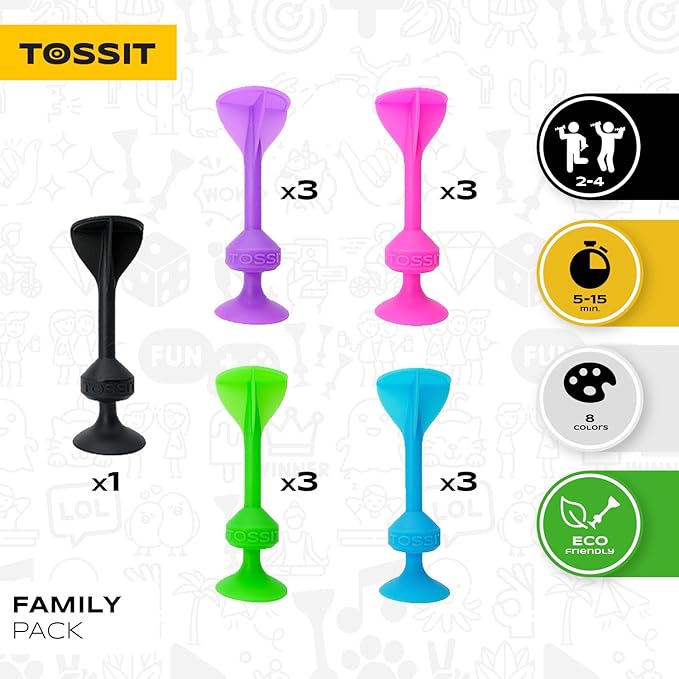 TOSSIT Game Suction Cup Darts, Toss Game Perfect Family and Party, Silicone Throwing Game for Backyard, Indoor and Outdoor Fun, Family Pack, Pink Light Blue Purple Green