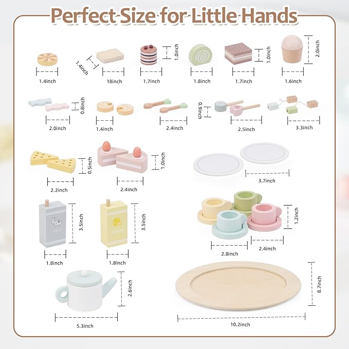 Wooden Tea Party Set for Little Girls, 34 PCS Wooden Tea Set for Toddlers 3-5, Pretend Play Kids Wood Tea Set Toy, Play Kitchen Accessories with Play Food, Improve Imagination