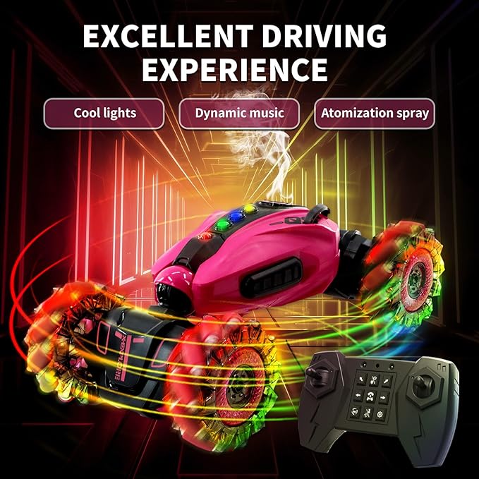 RC Stunt Car, 2.4GHz Remote Control Gesture Sensor Toy Cars, Double Sided Rotating Off Road Vehicle 360° Flips with Cool Lights, Spray， Music，for Boys and Girl 8-12 Year Old（Purplish red）