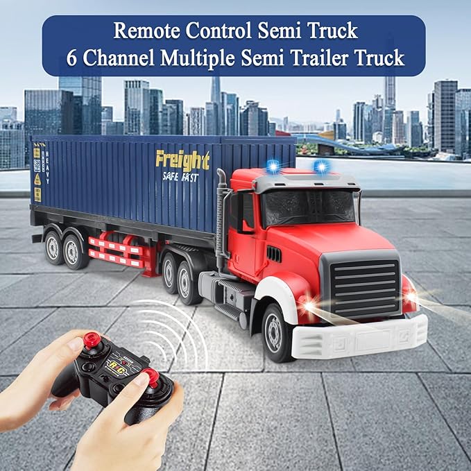 Mostop RC Semi Truck with Trailer - 22.5 Inch Remote Control Semi Truck Toy for Kids, 1:24 Scale Container Truck with 2 Batteries, Carrier Van Transport Vehicle with LED Light & Music,Great Gift