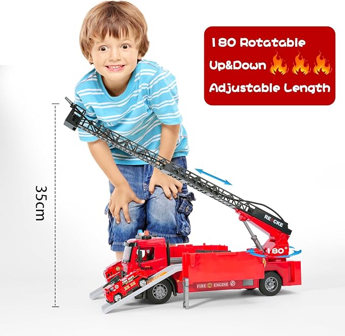 Toy Fire Truck Rescue Firetruck - Transformer Ejector Truck Car Race Track Home Outdoor Shool Toddler Kids Ages 2 3 4 5 6 7 8 Year Old Boys Girls Children Christmas Birthday Gift Ladder Real Water Jet