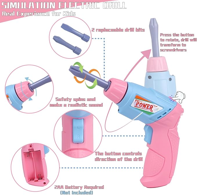 Kids Tool Set, 48PCS Toddler Tool Set with Electronic Toy Drill & Kids Tape Measure,Pretend Play Construction Toys Costume with Kids Tool Belt & Gloves,Toy Tools Box for Girl Boy Ages 3-8