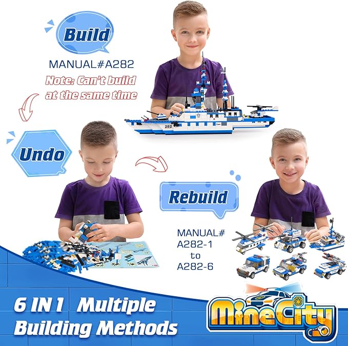 WishaLife 1169 Pieces City Police Station Building Kit, 6 in 1 Military Battleship Building Toy, with Police Cars, Boat, Airplane, Best STEM Construction Toy Gift for Boys and Girls 6-12
