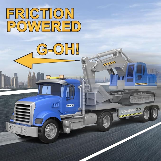 Transports Trucks Kids Toys, 22" Large Semi Truck Toy Carrier and Excavator Truck with Sound&Light,Friction Powered Cars Toys Birthday for Boys Girls 3 4 5 6 7 8