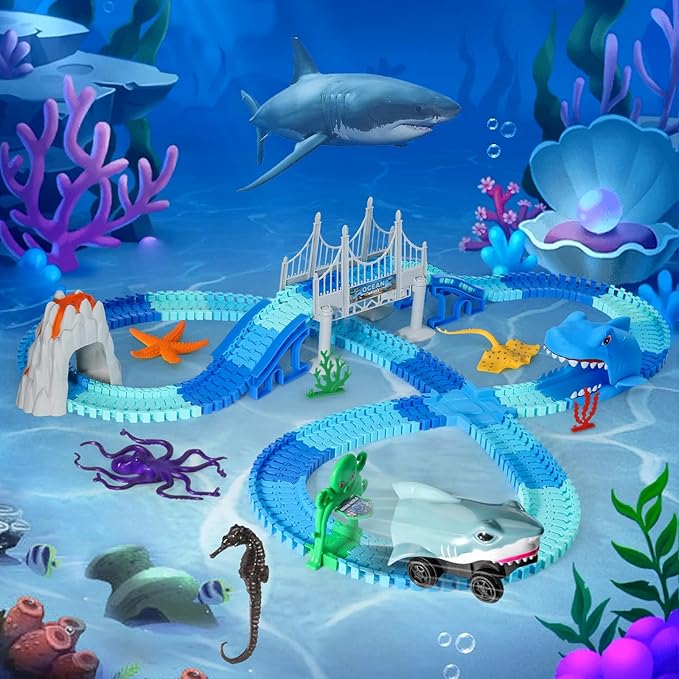 Shark Toys, Train Set 264 Pcs Shark Race Car for Boys Girls 3 4 5 6 7 Year, Bendable Flexible Racetrack Cars with Ball, Ocean Theme Track Toys, STEM Educational Playset, Birthday Gift for Boys Girls