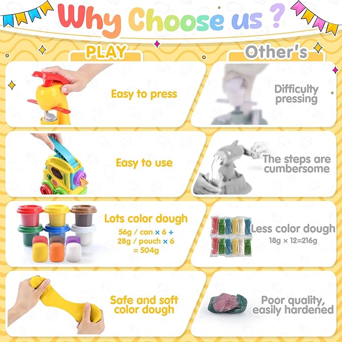 PLAY 2 in 1 Color Dough Kitchen Creations Set, Ice Cream Noodle Maker Color Dough Sets for Kids Ages 4-8, Play Kitchen Food Toys for Boys Girls Kids Toddlers Ages 3+, with 18 oz Multicolor Clay