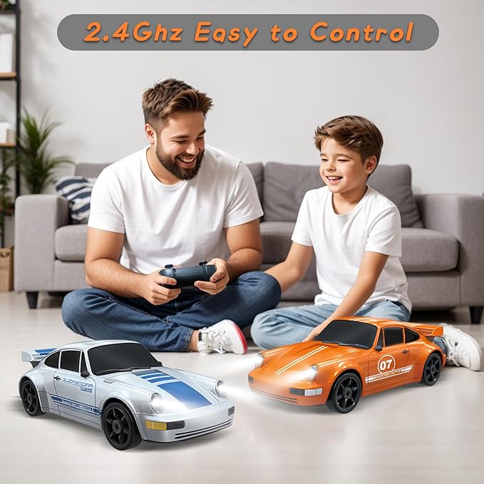 1/24 4WD RC Drift Car - 2.4GHz Remote Control With LED Light, High Speed, Two Rechargeable Batteries and Drift Tires for Kids and Adults - Orange