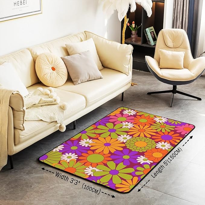 Colorful Vintage Floral Area Rug 3x5,Girls Groovy Flowers Decorative Rug Women Hippie 60S 70S Flowers Power Carpet Psychedelic Botanical Aesthetic Non Shedding Rug for Living Room