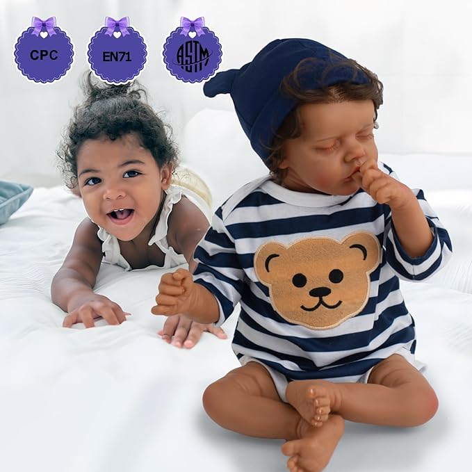 Jirachi Black Realistic Baby Doll Boy, 18-inch Black American Reborn Baby Soft Body Lifelike Doll with Feeding Toy for Kids Age 3+