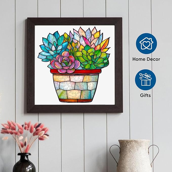 Puzzles for Adults, Glass Succulent Wooden Puzzles 100 Pieces, 5MM Thick Unique Shaped Flower Jigsaw Puzzles Birthday Gifts for Kids Family Game 7.6 * 7.3inch
