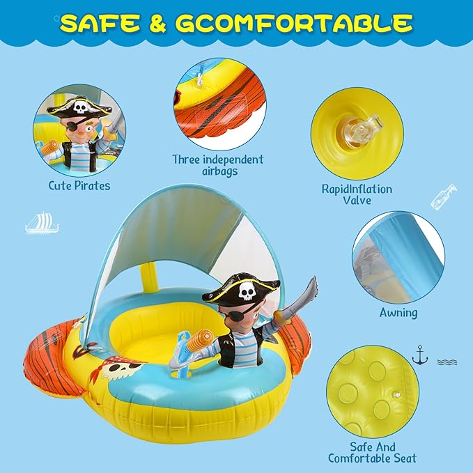 2X Thicken Inflatable Kids Pool Float with UPF 50+ Canopy Detachable,Pirate Ship Floaties with Captain & Water Gun,Swimming Pool Toys for Boys & Girls ，Toddlers ，Babies，Child,Summer Beach Outdoor Play