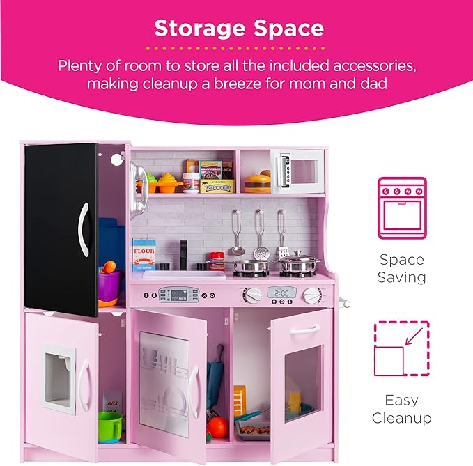 Best Choice Products Pretend Play Kitchen Wooden Toy Set for Kids w/Realistic Design, Telephone, Utensils, Oven, Microwave, Sink - Pink