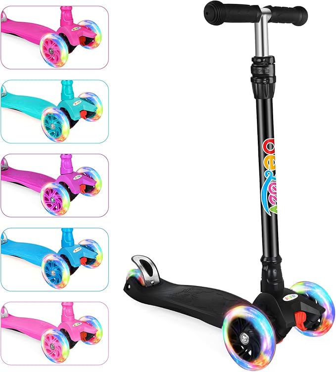 BELEEV A2 Scooters for Kids 3 Wheel Kick Scooter for Toddlers Girls Boys, 4 Adjustable Height, Lean to Steer, Light up Wheels, Extra-Wide Board, Easy to Assemble for Children Gift Sport Toys Ages 3-12