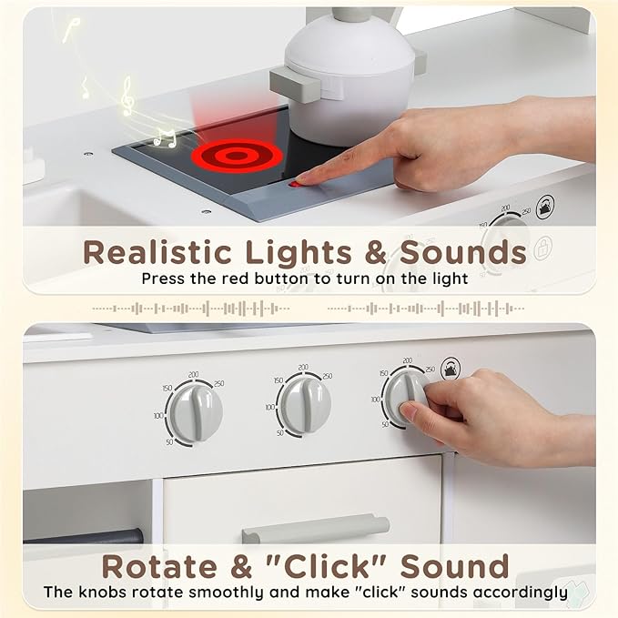 SainSmart Jr. Play Kitchen for Kids, Wooden Kitchen Playset with Lights & Sounds, Ice Maker, Oven & Sink, Trendy Home Style Toy Kitchen, Gift for 3+ Years