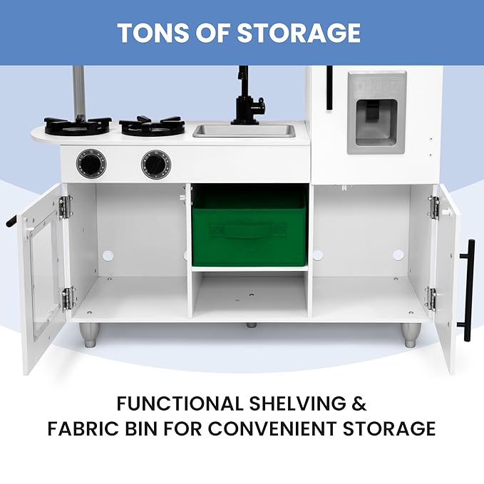 Delta Children Deluxe Modern Kitchen - Toy Kitchen Playset with Realistic Knobs That Turn/Click, Oven, Sink and Fridge/Freezer with Ice Maker, White