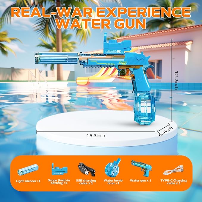 Electric Water Gun for Adults Kids, 2 Pack Automatic Squirt Watergun Pistol with Led Lights, Summer Outdoor Pool Beach Party Toys Black and Blue