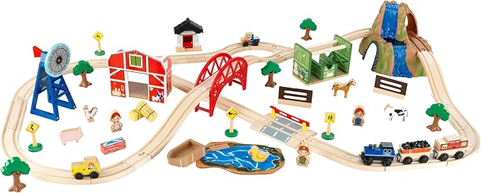 KidKraft Wooden Rural Farm Train Set with 75 Pieces, Children's Toy Vehicle Playset, Gift for Ages 3+