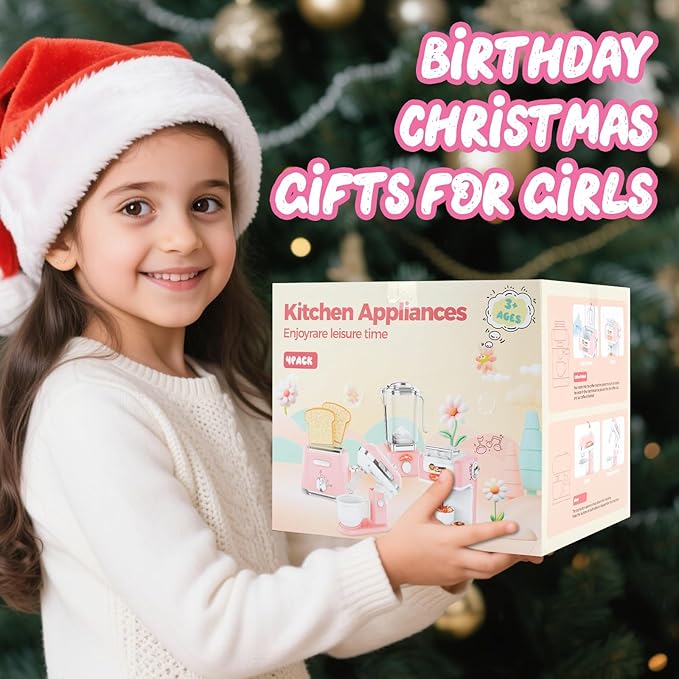 Play Kitchen Toys,Pretend Play Food Kitchen Accessories Girls Toy with Coffee Maker,Mixer,Toaster,Blender with Realistic Lights & Sounds,Birthday Gift for Kids Ages 3+(Pink)