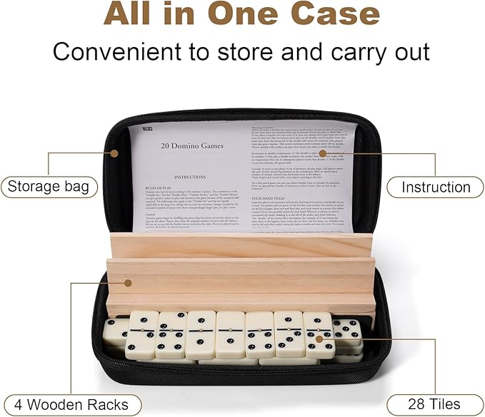 Dominoes Set for Adults, 28 Tiles with 4 Wooden Racks/Trays, Portable Double 6 Domino Game Set, Classic Board Game for Family Fun