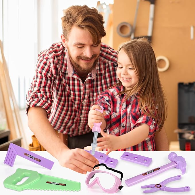 Kids Tool Set - Toddler Tool Playset with Toy Drill, Toy Tool Box, Construction Tools - Pretend Play Toddler Girl Toys Gifts for Toddlers Kids Aged 3 4 5 6 (Pink Tools)