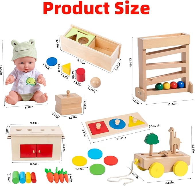 Adena Montessori Play Kit for 11-12 Months Baby,7 in 1 Learning Educational Toys for Toddler,Include Multi-Shapes Puzzle,Ball Tracker,Wooden Shapes Drop and More,Christmas Birthday Gift for Boys Girl