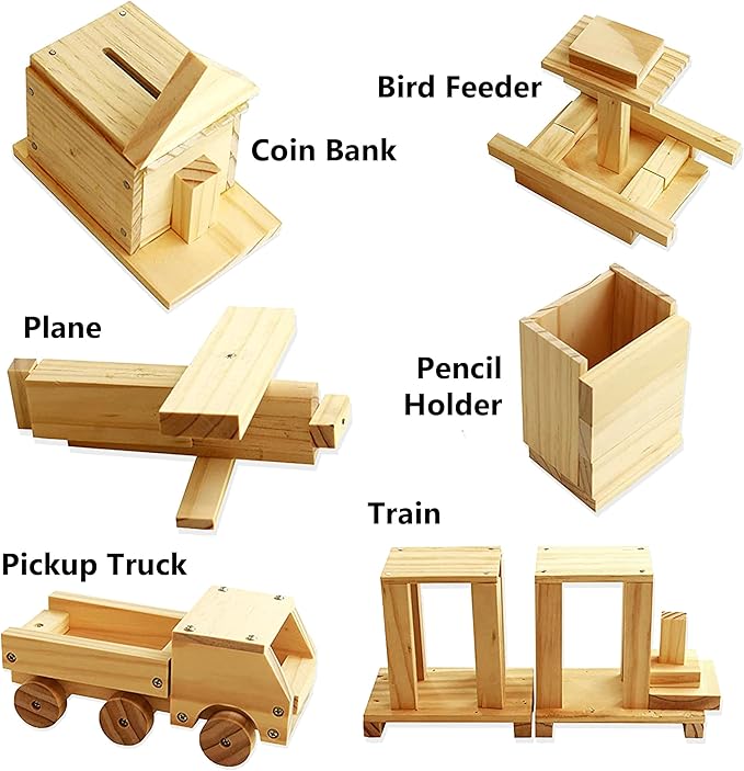 Kraftic Woodworking Building Kit for Kids and Adults, with 6 Educational Arts and Crafts DIY Carpentry Construction Wood Model Kit Toy Projects for Boys and Girls