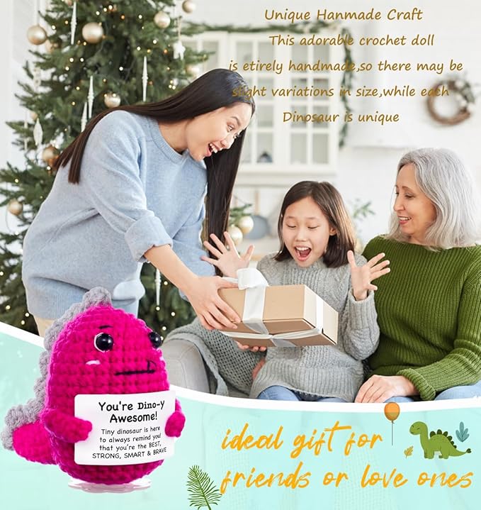 Funny Easter Basket Stuffers Positive Crochet Stuffed Animals Dinosaur, Stress Relief Gifts for College Student Graduation Boyfriend Husband Women Birthday Desk Decor (Hot Pink Dinosaur)
