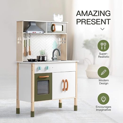 ROBUD Wooden Play Kitchen Set for Kids Toddlers, Pretend Toys Kitchen Gift for Girls Boys