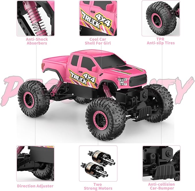 Double E Raptor F150 RC Car 4WD 2 Motors Monster Trucks for Girls, 11 Inches Off Road Crawler Vehicle Truck Toy with Rechargeable Battery Gift for Kids 6 7 8 9 10 11 12 Years-Pink