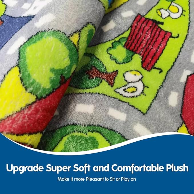 Booooom Jackson Kids Play Mat - Soft, Non Slip Race Car & Train Rug, Washable Area Rug for Bedroom, Playroom, Preschool