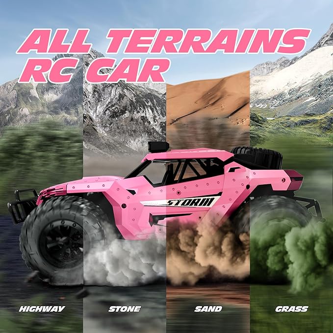 Tecnock Pink RC Car 1/16 Scale Remote Control Car for Girls, High Speed 20 Km/h All Terrains Rc Monster Truck with Two Rechargeable Batteries & Head Chassis Lights Gift Toy for Kids Adults