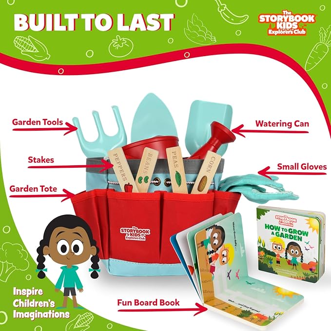 Matching Board Book - Red Kids Gardening Tools Set Includes Sturdy Tote Bag, Watering Can, Shovel, Rake, and Trowel - Garden Storybook - Kids Garden Tools- Easter Gifts for Toddler Age on up.
