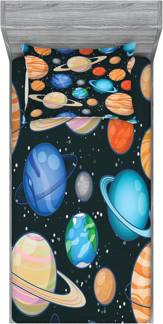 Ambesonne Galaxy Fitted Sheet & Pillow Sham Set, Galaxy Space Art Solar System Planets Mars Mercury Uranus Jupiter Venus Kids Print, Decorative Printed 2 Piece Bedding Decor Set, Twin, Salmon