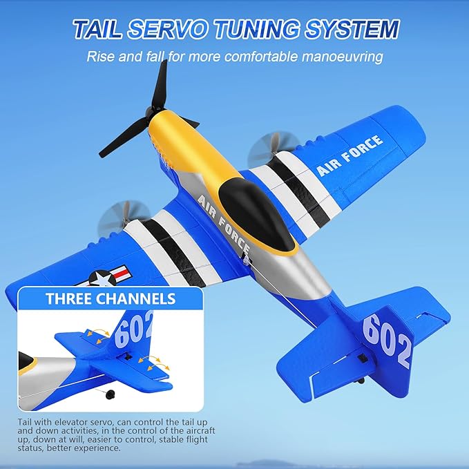 RC Plane 3-Channel 2.4GHZ RC Airplane, P51D Mustang Fighter with 2 Batteries, KF602 Remote Control Plane Gyroscopes Stabilization System Easy to Fly Suitable for Beginners, Kids, Adults