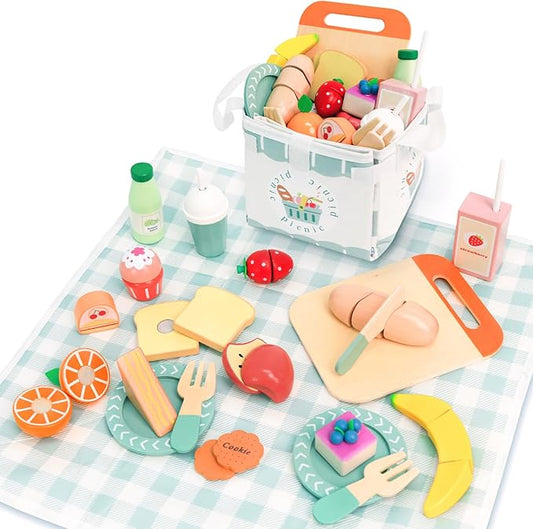 Picnic Playset - Wooden Play Food - Play Food Sets for Kids Kitchen - Pretend Food, Toy Food with Multifunctional Storage Bag, Non-Toxic Toy Picnic Set Best Gift for 3+ Toddlers