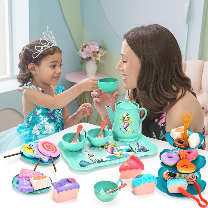 Mermaid Tea Set for Toddlers, Kids Pretend Play Tea Party Set – Plastic Kitchen Toy Teapot Set with Cups, Plates, Carrying Case, Princess Role Play Toys Birthday Gift for Girls Age 3 4 5 6