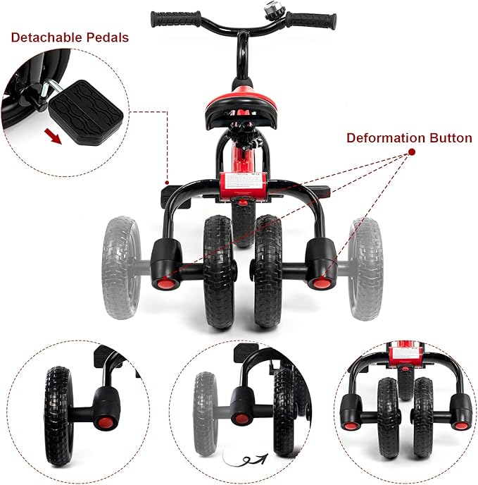 XPIY Tricycle for Toddlers Age 2-5 Years Old, 3 in 1 Folding Toddler Bike for Boys and Girls, Kids' Bike Trike with Detachable Pedal and Adjustable Seat (RED)