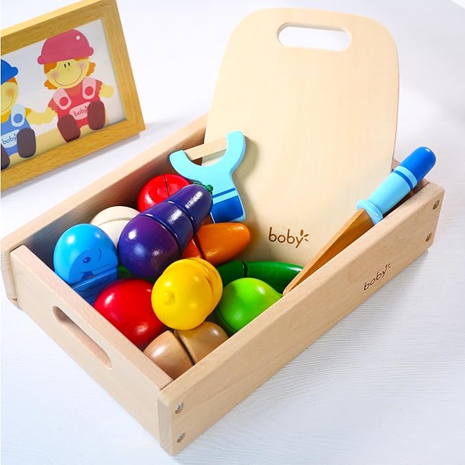 Dailyfunn Wooden Pretend Play Foods Set for Kids Kitchen Montessori Cutting Playset Toys with Storage Box