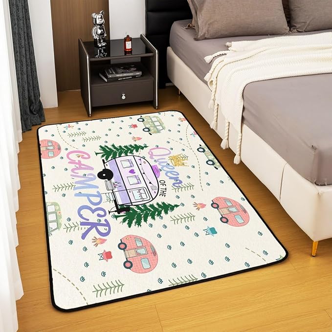 Erosebridal Happy Camping Area Rug 5x7 Camper Rug for Girls Kids Cartoon Spring RV Travel Campfire Carpet Romantic Purple Light Yellow Green Pink Trees Non Slip Accent Rug