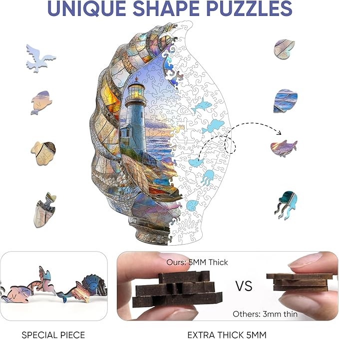 Wooden Puzzles for Adults, Shell Landscape Jigsaw Puzzles 500 Pieces, Unique Shape Puzzles for Adults and Kids, 19.8 x 12.5 Inches Medium Size, Fun Challenging Puzzles Family Game