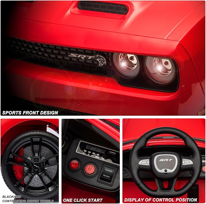 Kids Electric Car | Licensed Dodge Challenger Ride-On 12V Battery-Powered Vehicle with Remote, LED Lights, Bluetooth, MP3 for Boys and Girls, Red