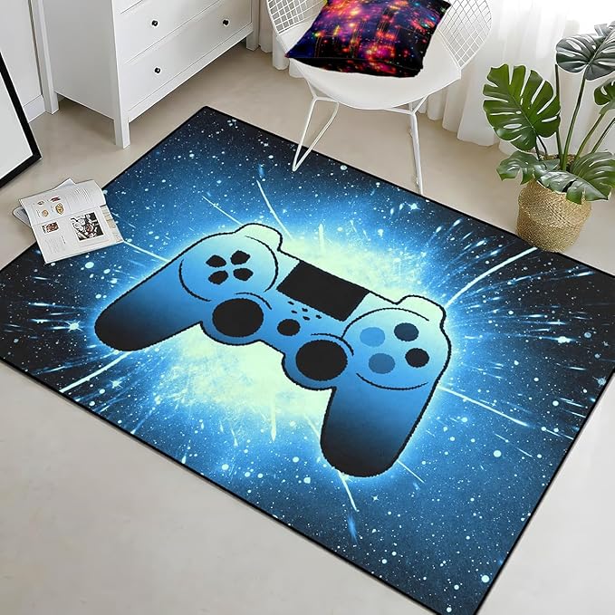 Gaming Rug for Gamer Game Room Boys Gamer Theme Carpets, Blue Galaxy Game Loading Gamepad Printed Floor Rugs for Bedroom Living Room Mat Sofa Mats,3'×4'