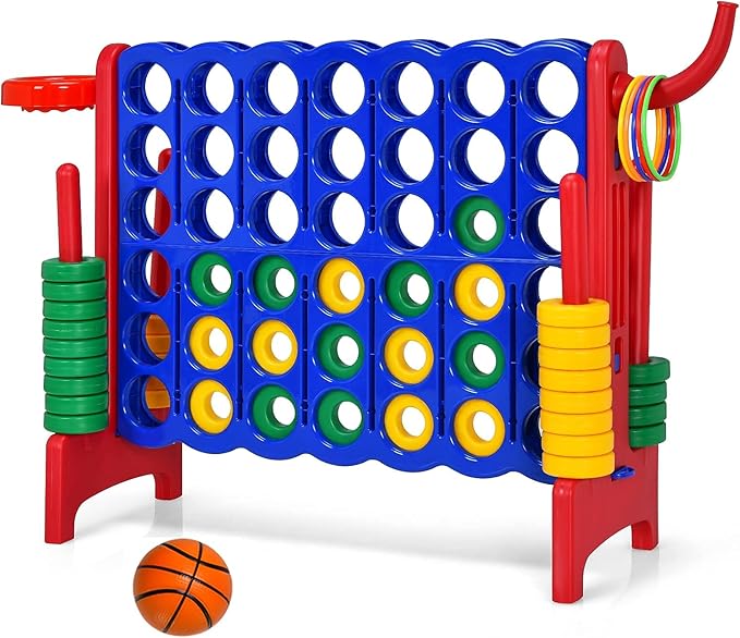 Costzon Giant 4-in-A-Row, Jumbo 4-to-Score Giant Game w/Basketball Hoop, Ring Toss, Quick-Release Slider, 42 Jumbo Rings, Indoor Outdoor Family Connect Game for Kids & Adults, Backyard Games, Red