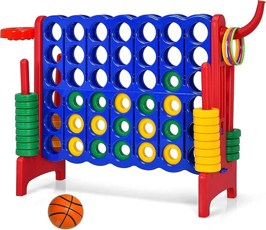 Costzon Giant 4-in-A-Row, Jumbo 4-to-Score Giant Game w/Basketball Hoop, Ring Toss, Quick-Release Slider, 42 Jumbo Rings, Indoor Outdoor Family Connect Game for Kids & Adults, Backyard Games, Red